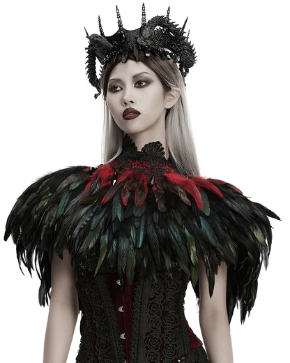 WS-807QTF Womens Gothic Burlesque Feathered Shawl Cape - Black & Red