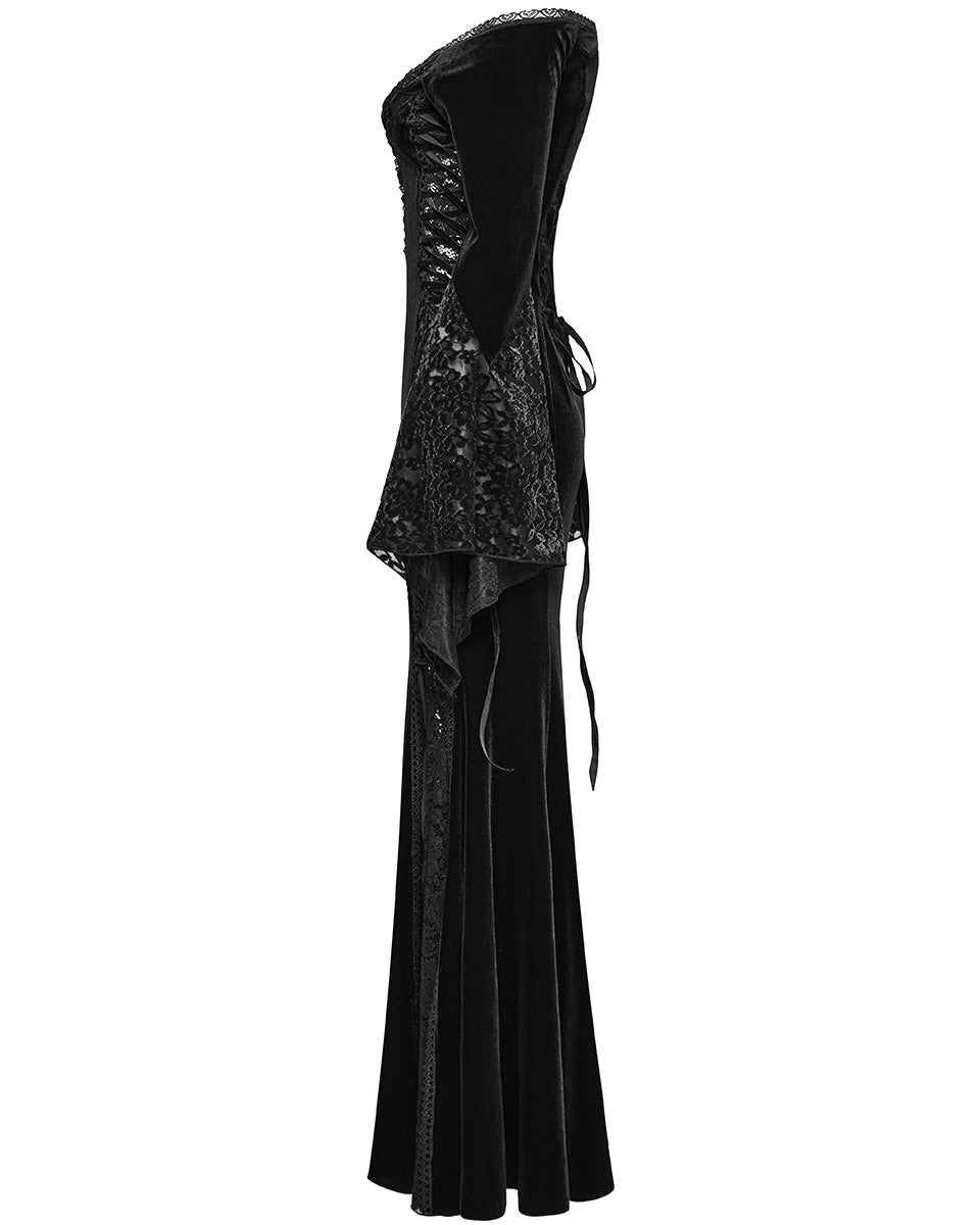 WQ-761LQF Womens Long Gothic Off Shoulder Maxi Dress With Devore Velvet Contrasts