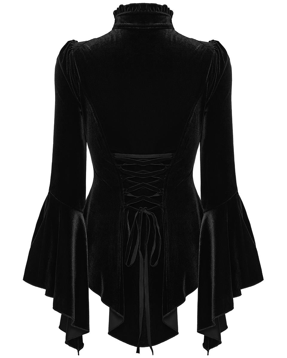 WT-1021TCF Womens Elegant Gothic Velvet & Pleated Lace Blouse Top