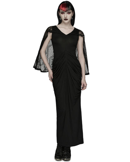 PR-WQ-940LQF-BKF Womens Long Gothic Lace Hooded Ruched Maxi Dress