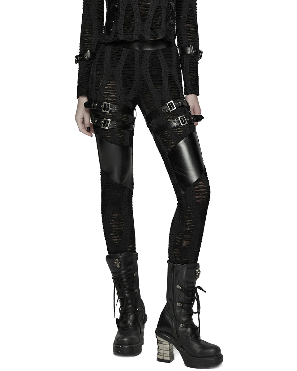 WK-743DDF Womens Apocalyptic Gothic Spliced Mesh Strapping Leggings