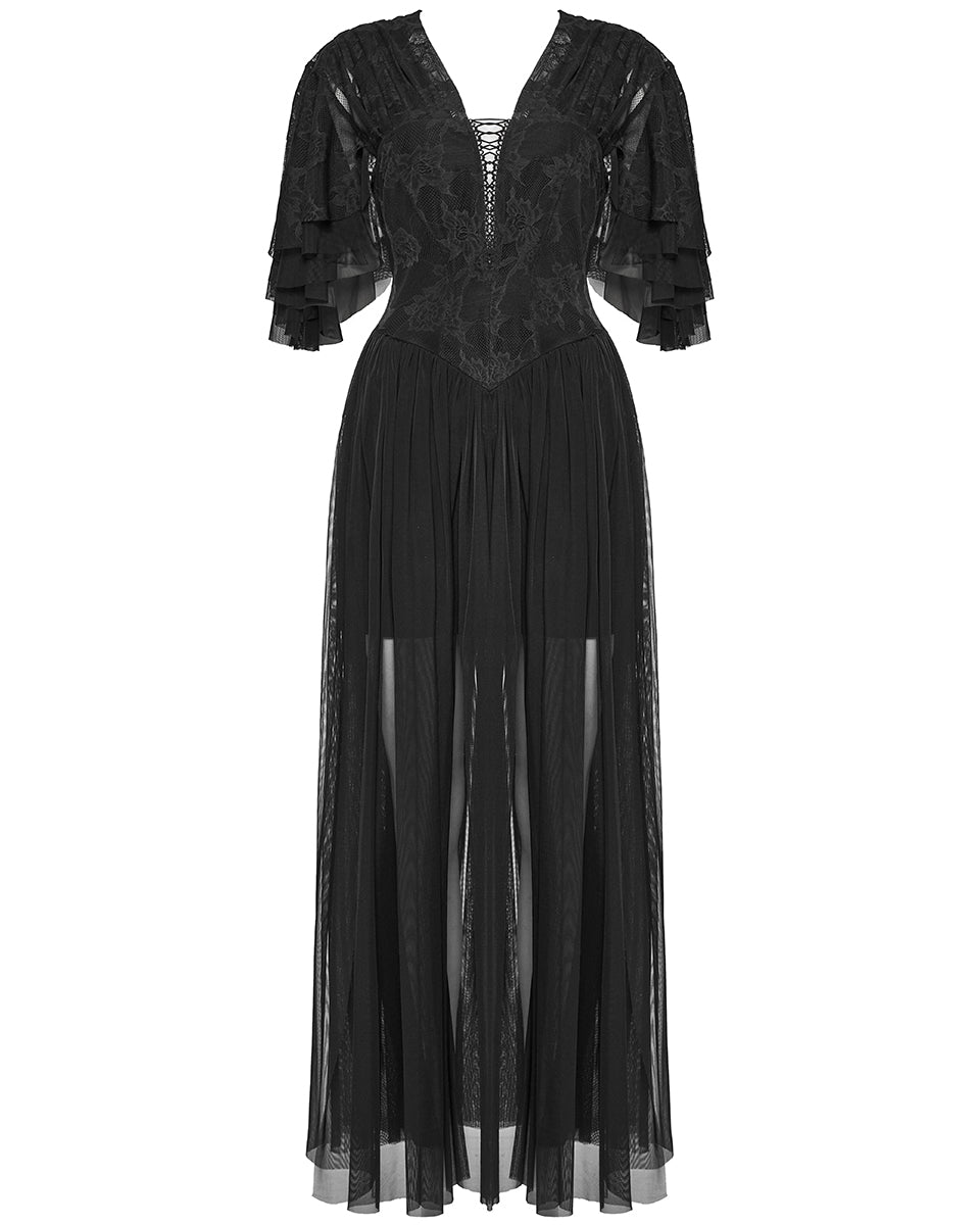 OQ-805LQF Daily Life Long Gothic Rose Lace & Pleated Mesh Lace Up Maxi Dress