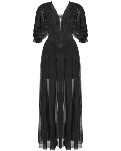 OQ-805LQF Daily Life Long Gothic Rose Lace & Pleated Mesh Lace Up Maxi Dress