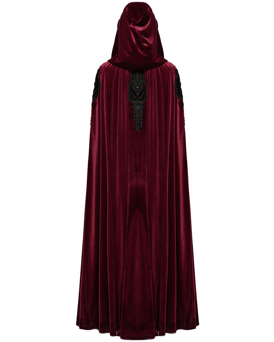 WY-1824DPF Womens Long Gothic Velvet & Lace Applique Hooded Cloak - Red & Black
