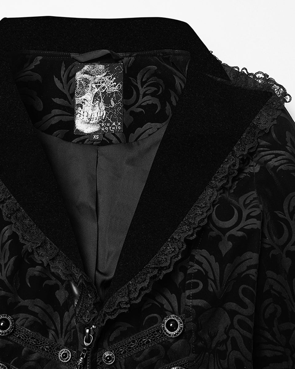 WY-1833LDF Womens Gothic Aristocrat Damask Velvet Frock Coat Jacket - Black