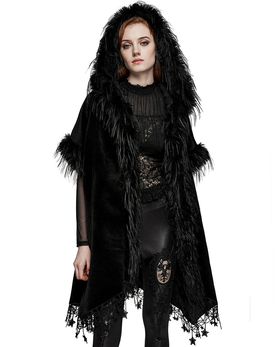 PR-WY-1519DPF-BKF Womens Dark Bohemian Gothic & Faux Fur Hooded Cloak Cape