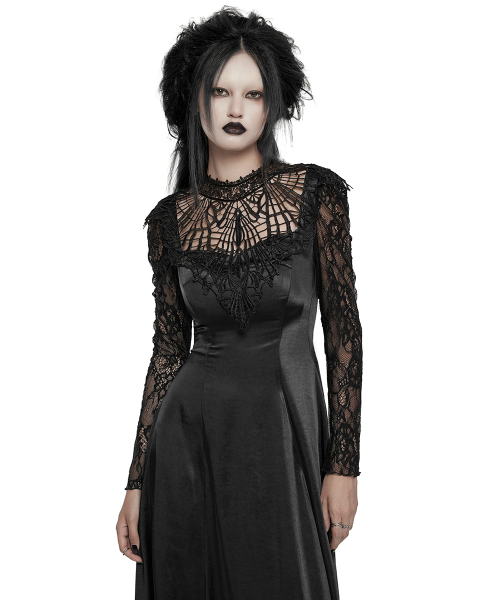 WQ-748LQF Womens Long Gothic Sateen Maxi Dress With Embroidered Lace Contrast