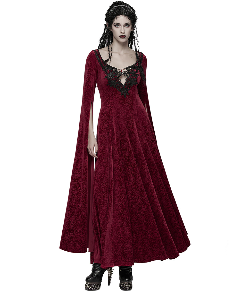 WQ-896LQF Womens Long Gothic Rose Velvet Flared Split Sleeve Maxi Dress - Red