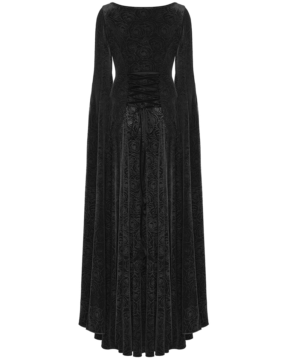 WQ-896LQF Womens Long Gothic Rose Velvet Flared Split Sleeve Maxi Dress - Black