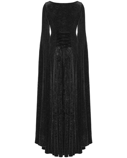 WQ-896LQF Womens Long Gothic Rose Velvet Flared Split Sleeve Maxi Dress - Black