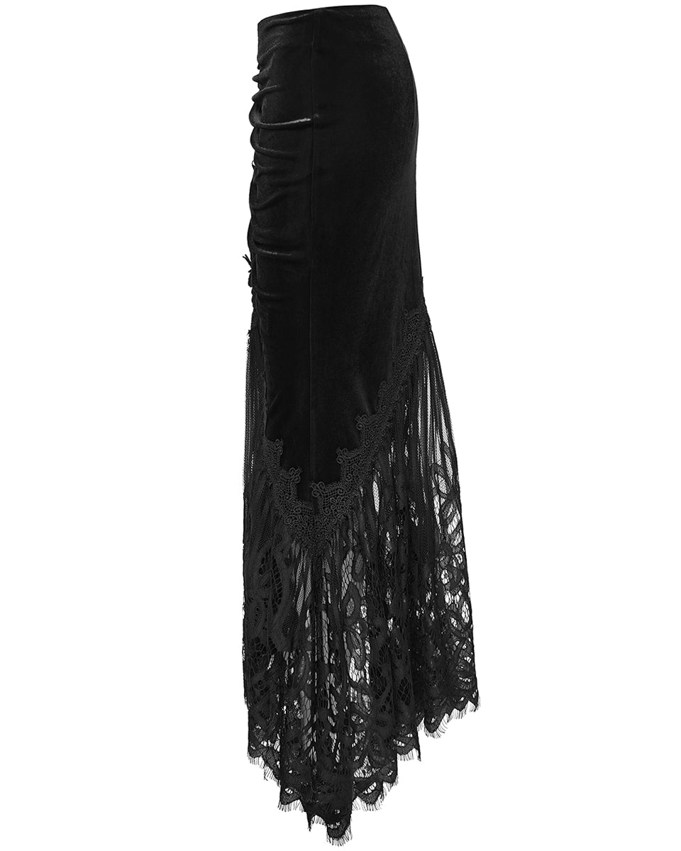 WQ-833BQF Womens Gorgeous Gothic Ruched Velvet & Lace Long Fishtail Skirt