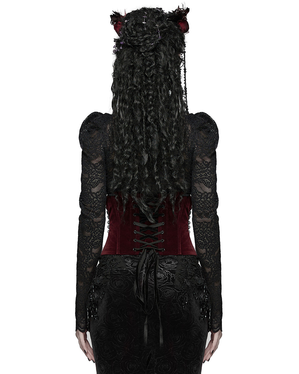 WS-790YDF Womens Baroque Gothic Rose Embroidered Velvet Cincher Corset - Red & Black