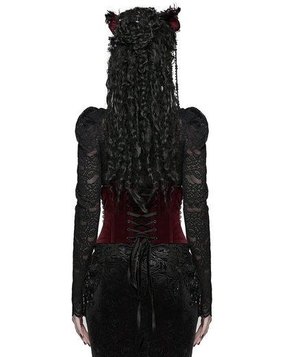 WS-790YDF Womens Baroque Gothic Rose Embroidered Velvet Cincher Corset - Red & Black