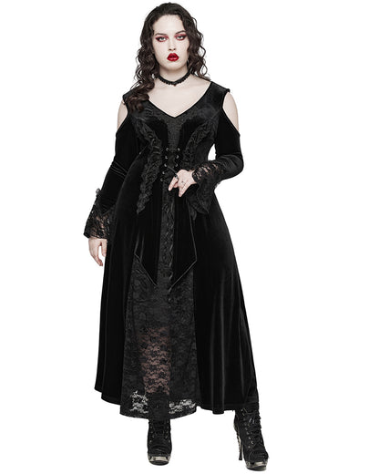 PR-DQ-664LQF-BKF Gorgeous Baroque Gothic Velvet & Lace Maxi Dress - Extended Size Range