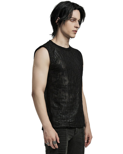 WT-887BXM-BKM Mens Apocalyptic Gothic Broken Knit Tank Top Vest - Distressed Black