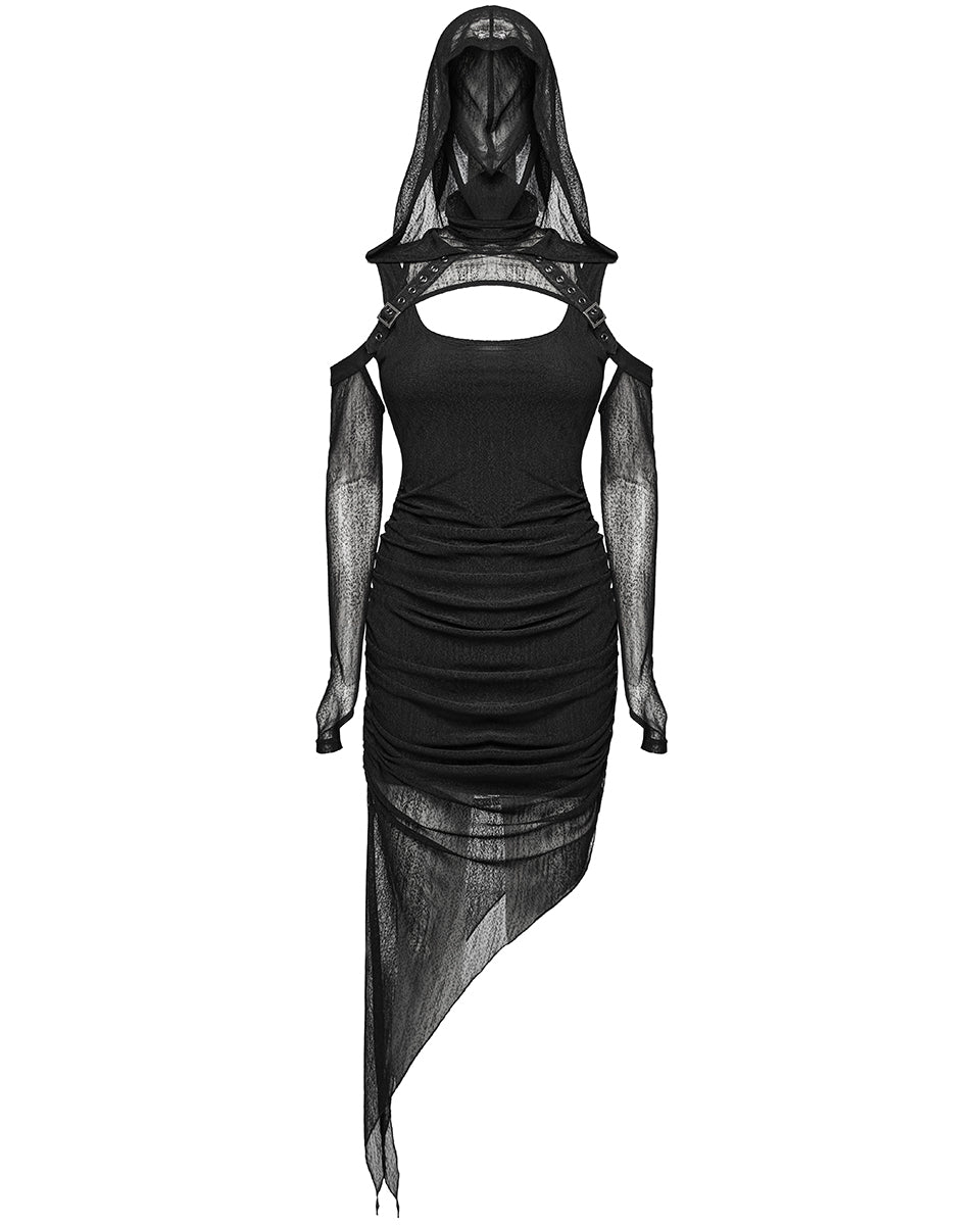 WQ-768LQF Womens Apocalyptic Wasteland Gothic Asymmetric 2 Piece Hooded Dress