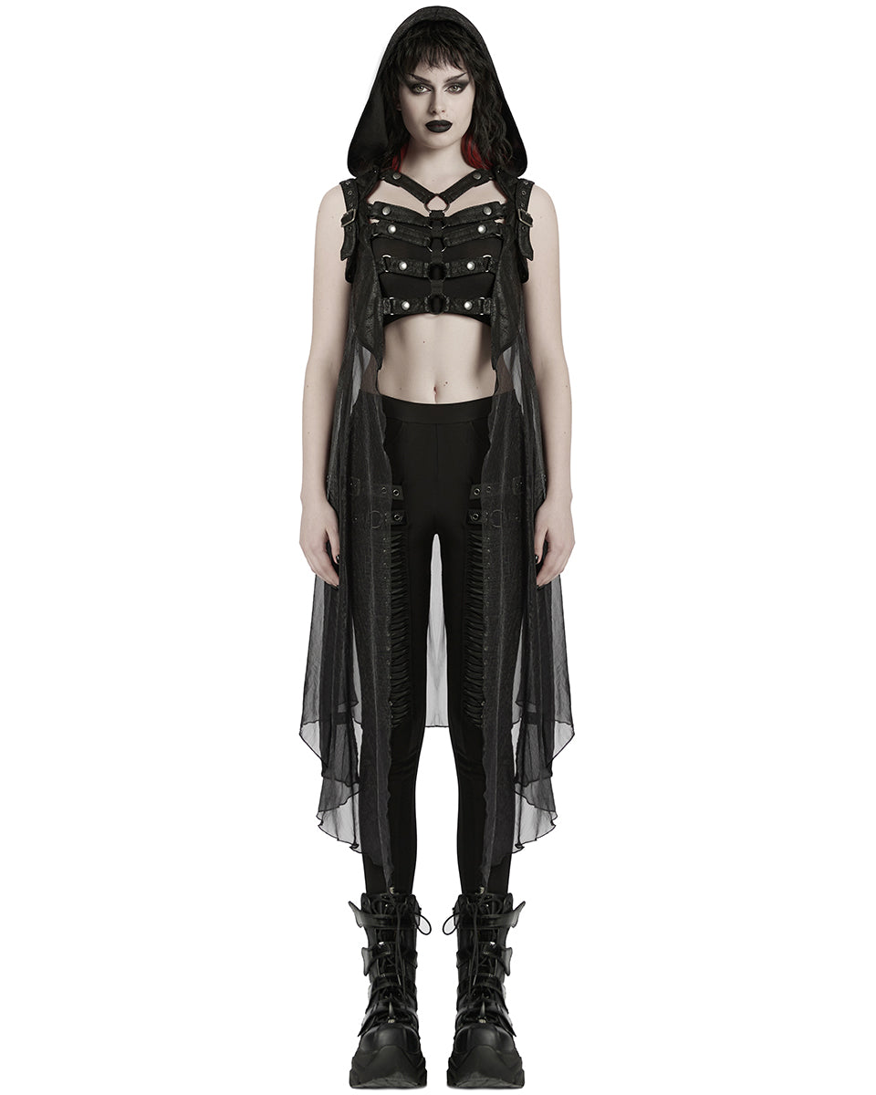 WY-1711MJF-BKF Womens Gothic Cyberpunk Hooded Harness Chiffon Cloak Cape