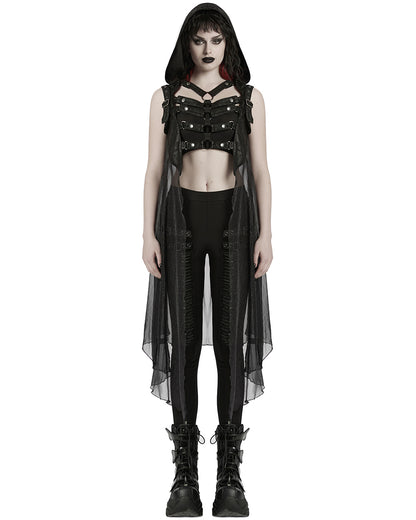 WY-1711MJF-BKF Womens Gothic Cyberpunk Hooded Harness Chiffon Cloak Cape