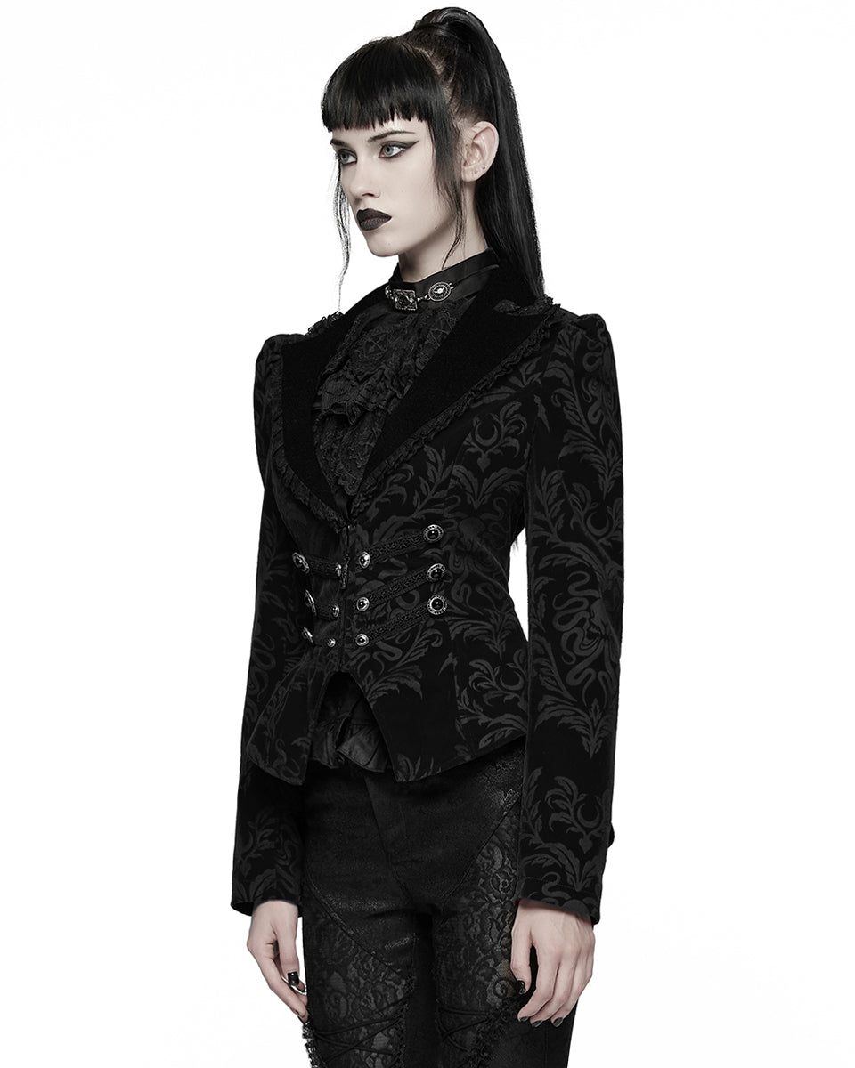 WY-1833LDF Womens Gothic Aristocrat Damask Velvet Frock Coat Jacket - Black