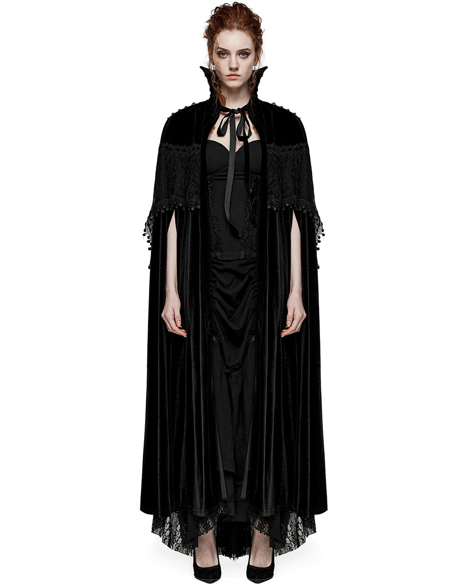 PR-WY-1536DPF-BKF Womens Dark Regency Gothic Studded Velvet & Lace Cloak