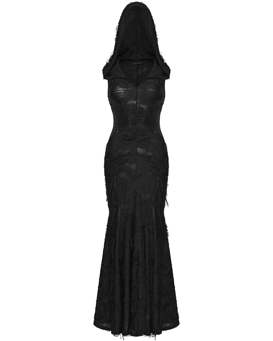 PR-OQ-816LQF-BKF Daily Life Womens Apocalyptic Gothic Shredded Hooded Corset Maxi Dress