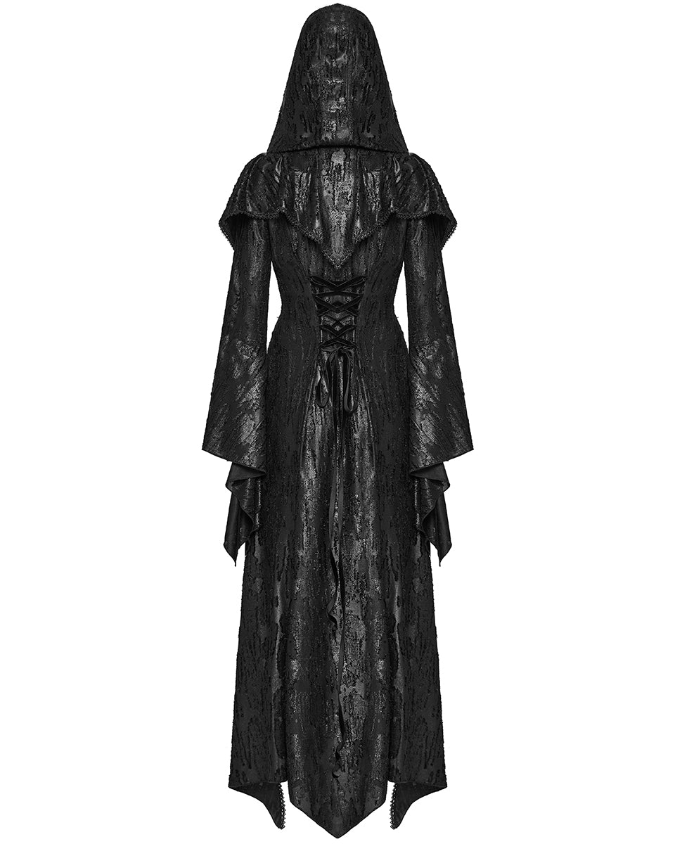 WY-1584ZCF-BKF Womens Long Gothic Witch Broken Knit Hooded Jacket