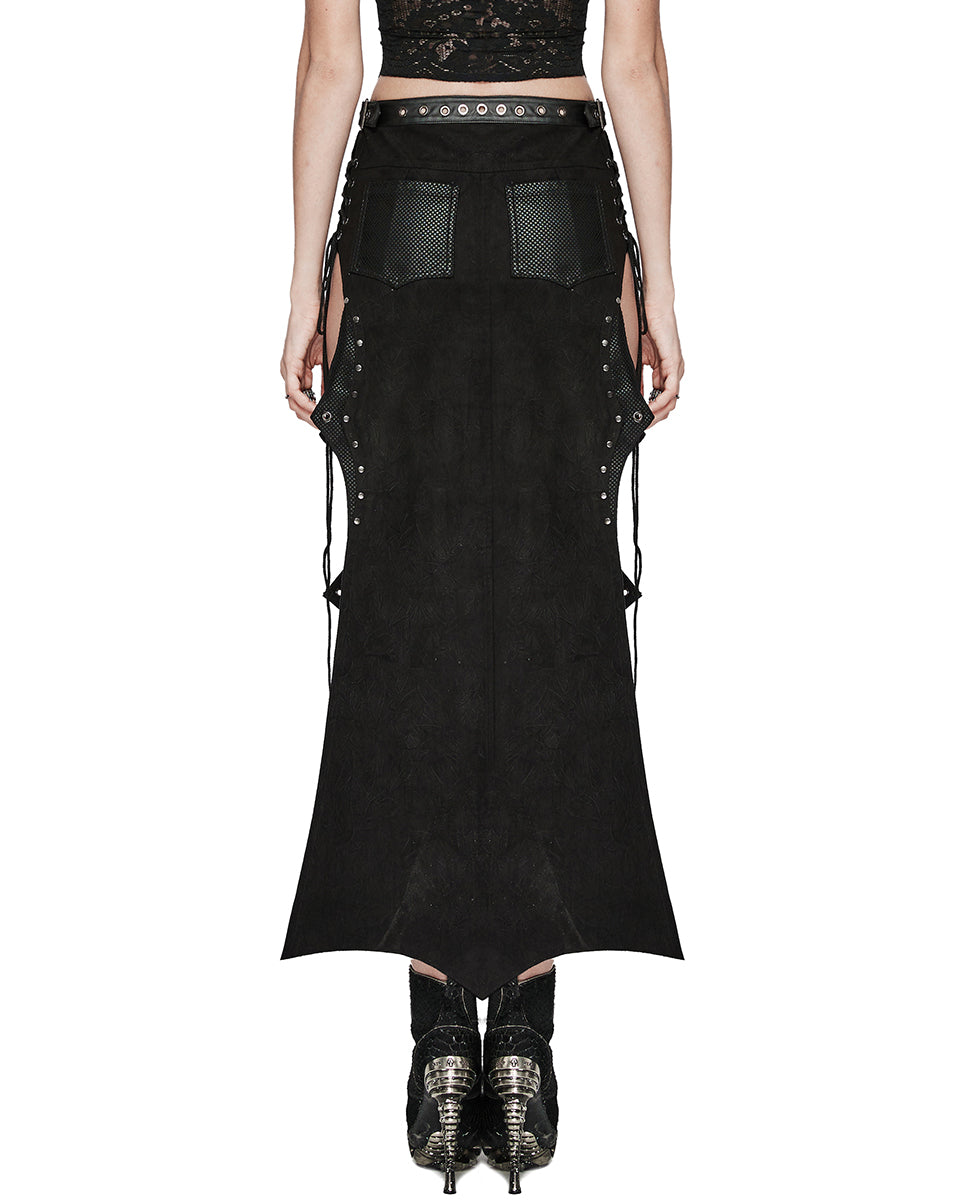 WQ-711BQF-BKF Long Apocalyptic CyberPunk Studded Side-Split Lacing Skirt