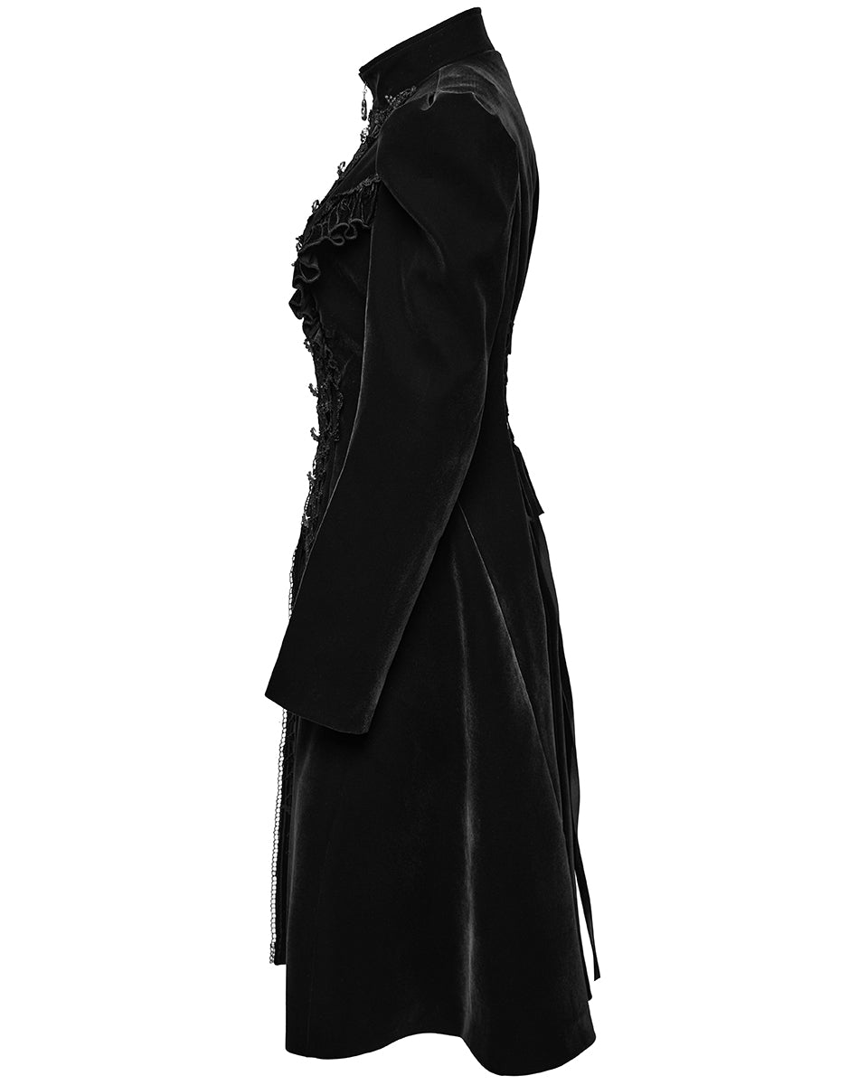 WY-1633XCF Womens Gothic Velvet Embellished Mid Length Military Coat - Black