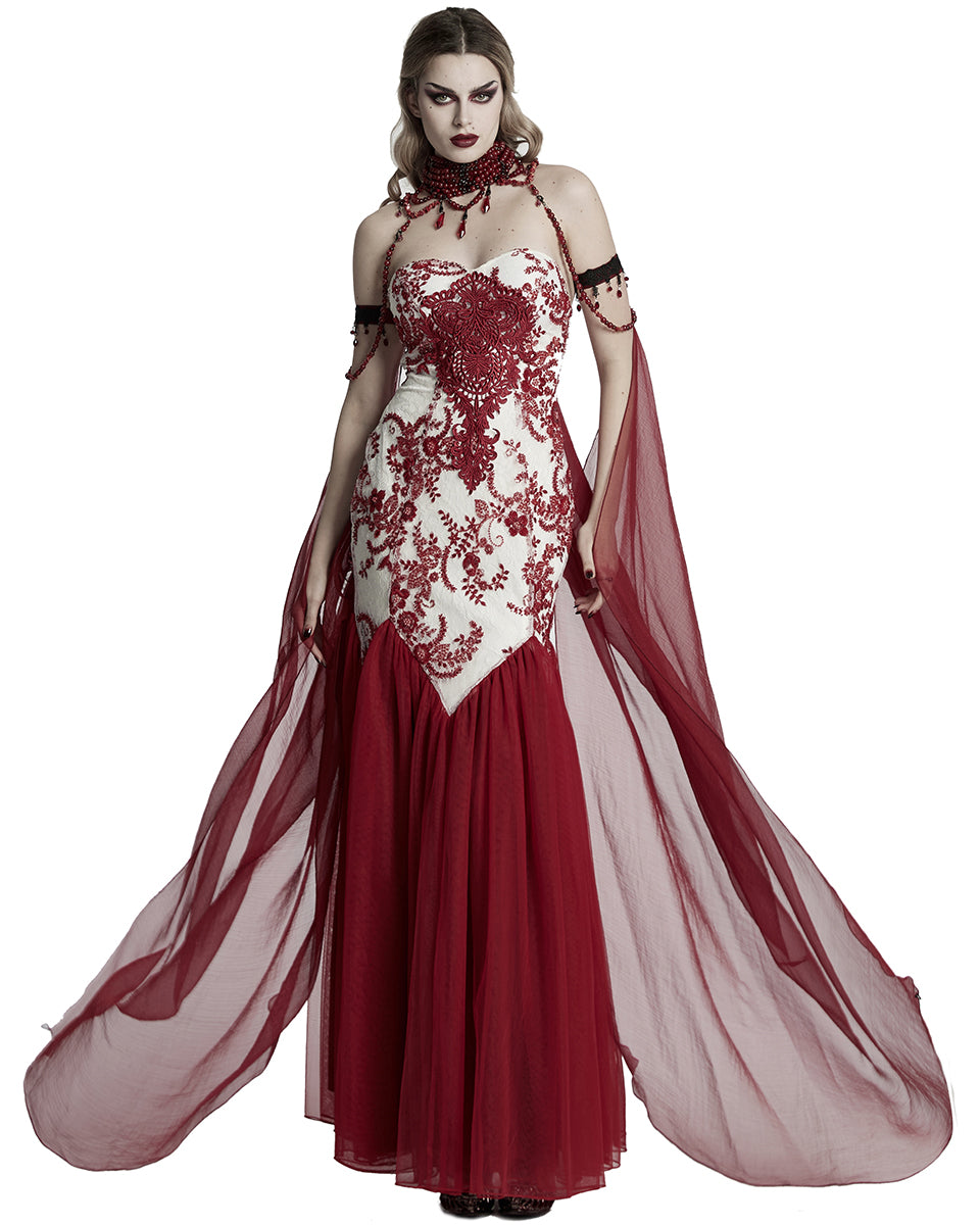 WQ-859DQF-WHRDF Womens Long Gothic Floral Sequined Wedding Prom Dress - White & Red