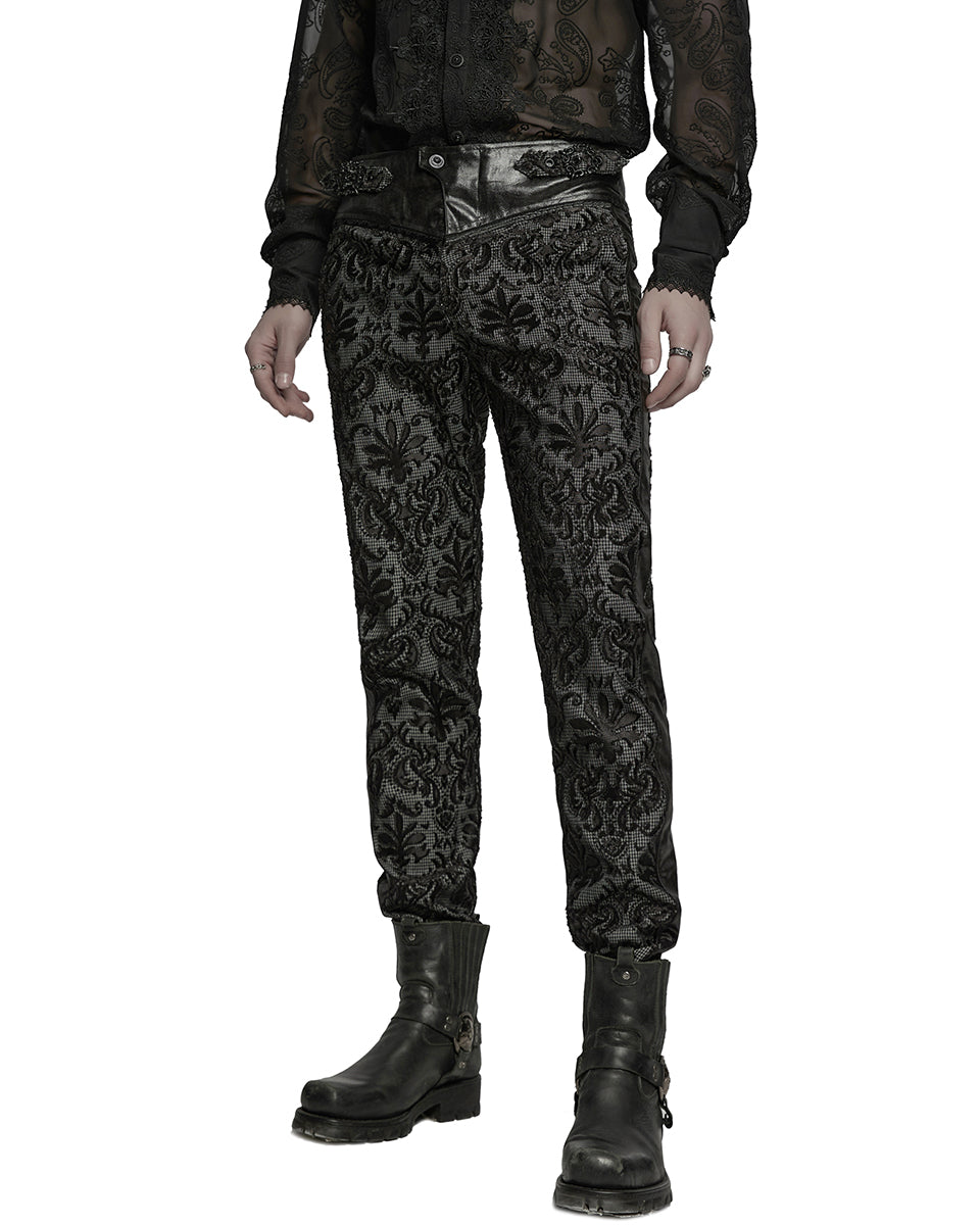 WK-725XCM-BKWHM Mens Gothic Aristocrat Embroidered Damask Houndstooth Dress Pants