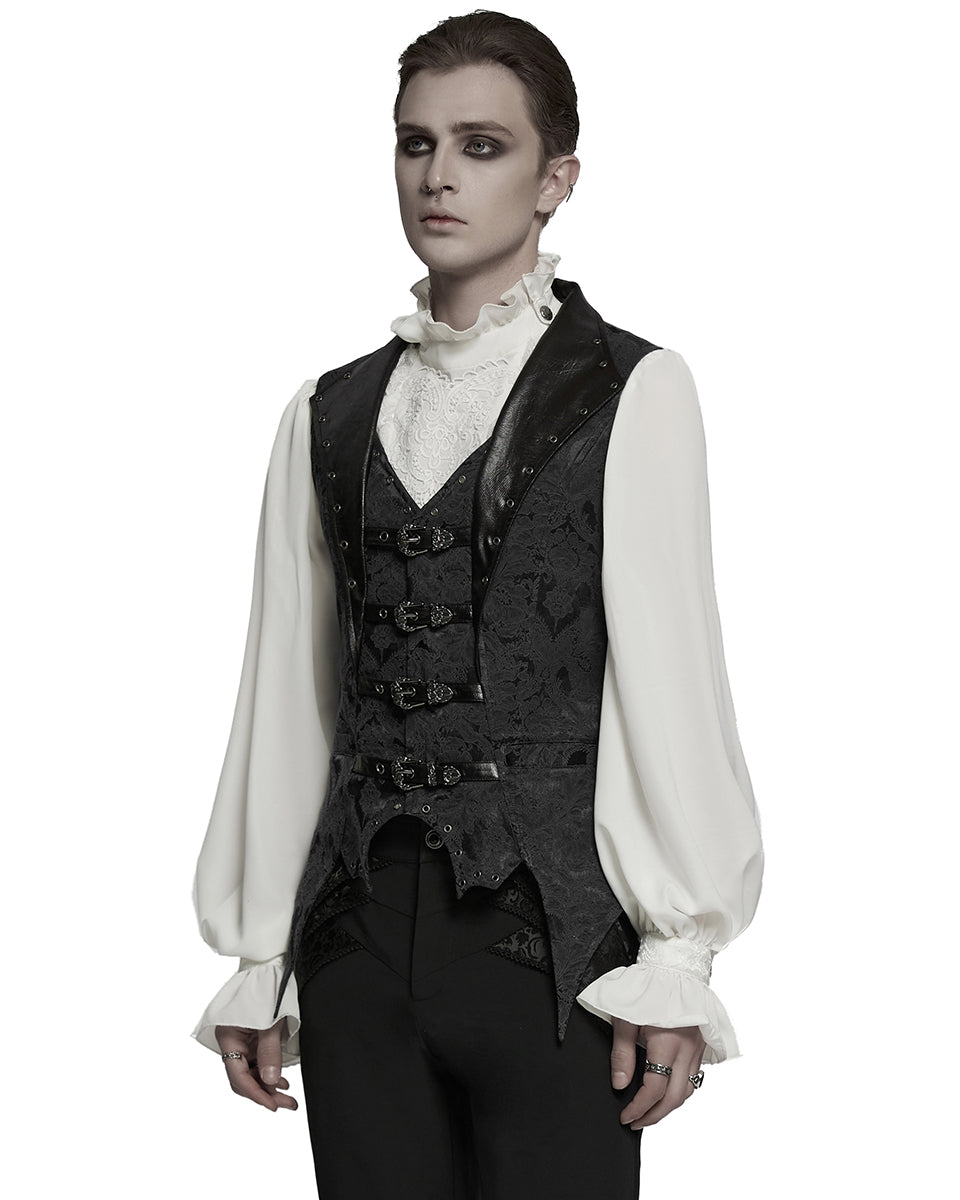 WY-1765MJM-BKM Mens Dark Victorian Gothic Damask Jacquard Waistcoat Vest - Black