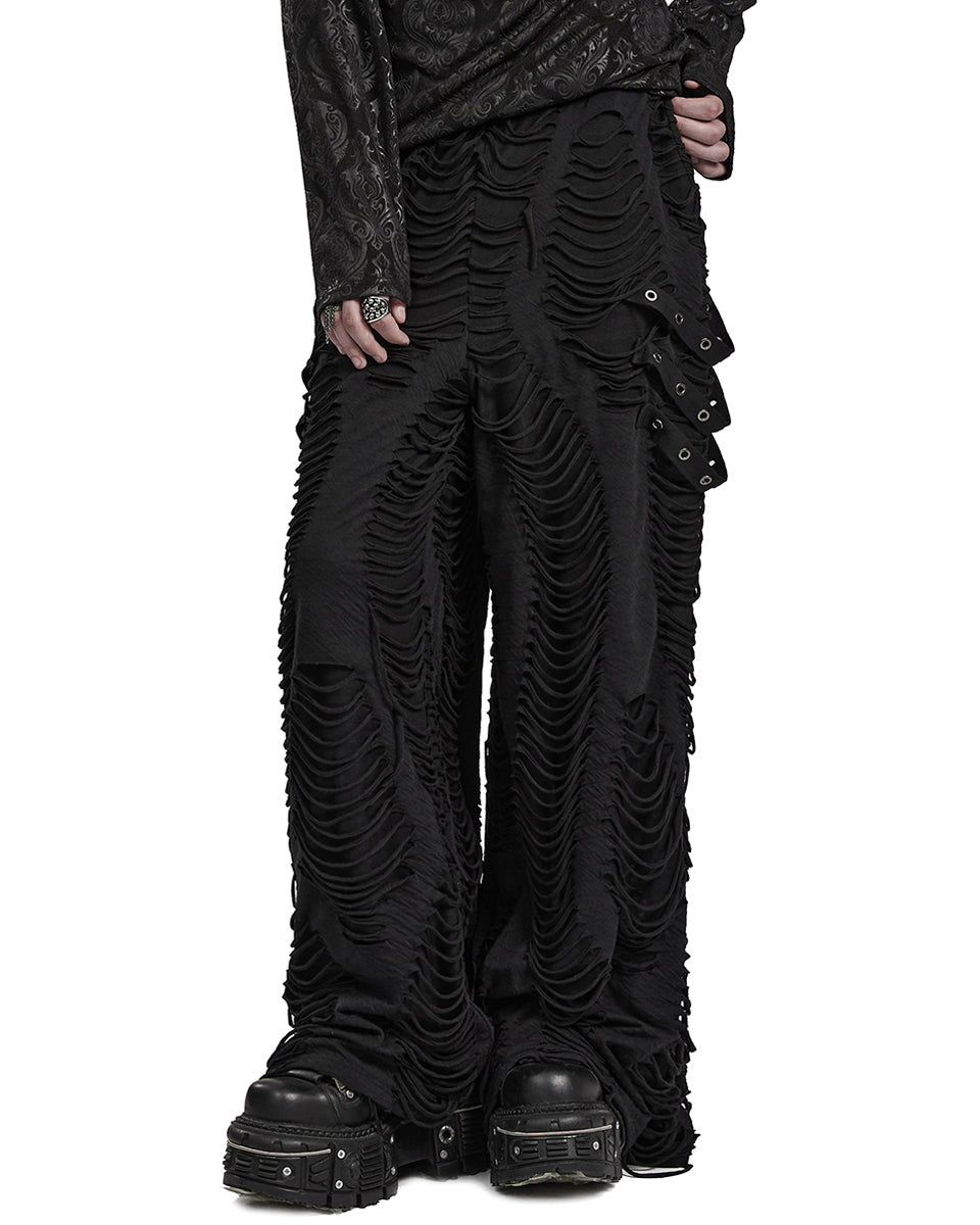 PR-WK-599XCM-BKM Mens Apocalyptic Gothic Shredded Knit Wide Leg Pants
