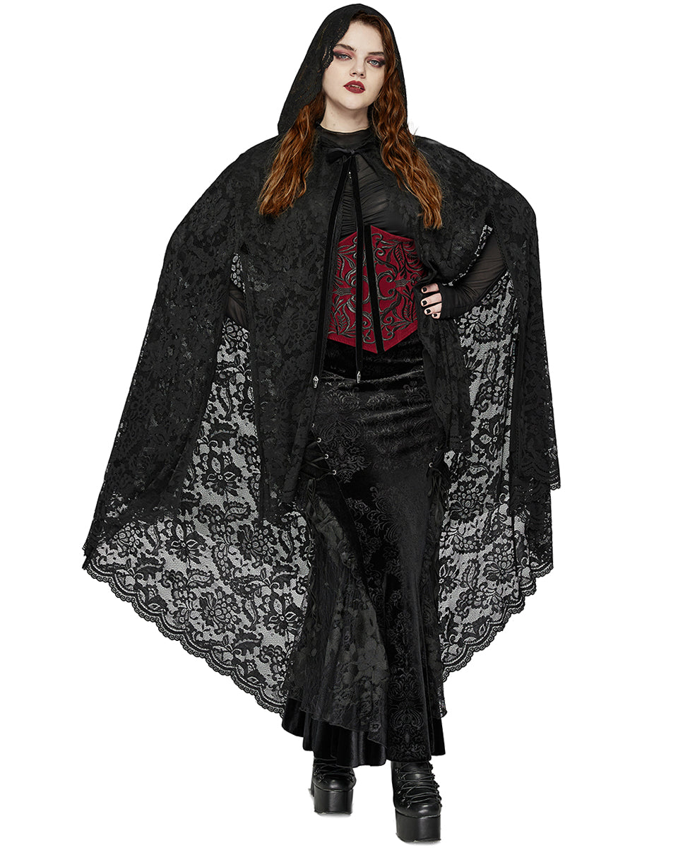 DY-1629DPF Plus Size Womens Dark Gothic Lace Hooded Cloak Cape