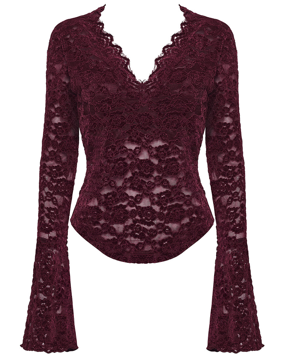 OT-1014TCF-RDF Womens Elegant Floral Lace V-Neck Top - Red