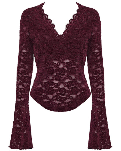 OT-1014TCF-RDF Womens Elegant Floral Lace V-Neck Top - Red