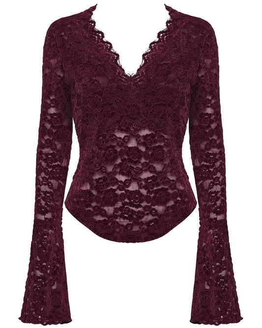 OT-1014TCF-RDF Womens Elegant Floral Lace V-Neck Top - Red