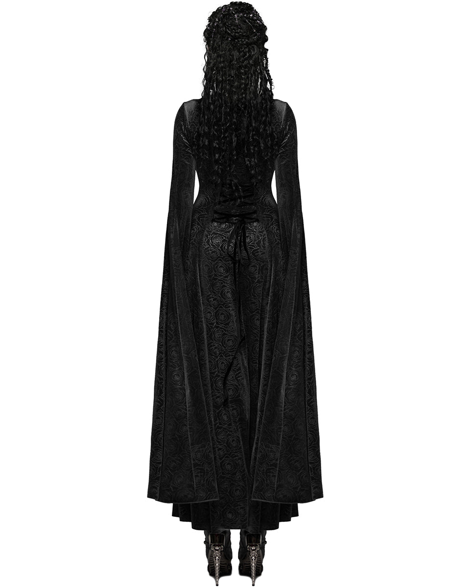 WQ-896LQF Womens Long Gothic Rose Velvet Flared Split Sleeve Maxi Dress - Black