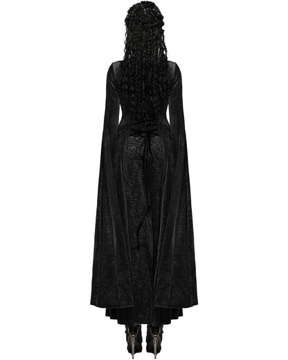 WQ-896LQF Womens Long Gothic Rose Velvet Flared Split Sleeve Maxi Dress - Black