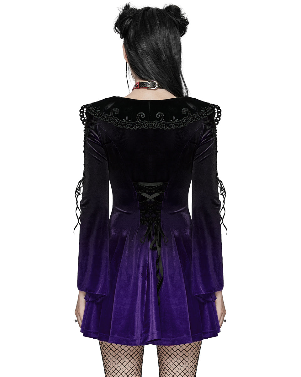 WQ-770LQF Womens Gothic Velvet Mini Dress With Oversize Embellished Collar - Purple & Black Gradient