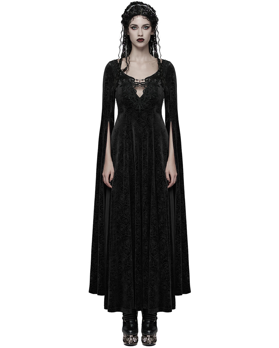 WQ-896LQF Womens Long Gothic Rose Velvet Flared Split Sleeve Maxi Dress - Black