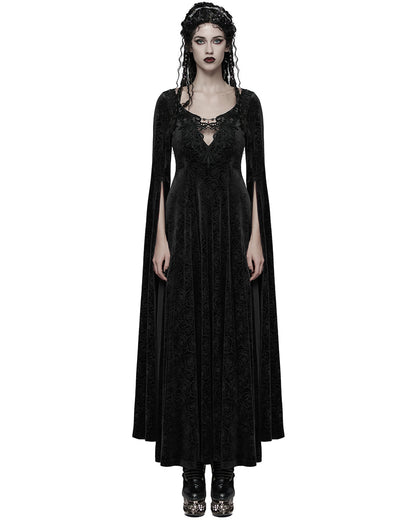 WQ-896LQF Womens Long Gothic Rose Velvet Flared Split Sleeve Maxi Dress - Black