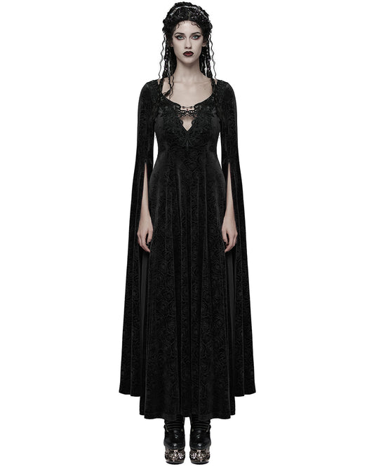 WQ-896LQF Womens Long Gothic Rose Velvet Flared Split Sleeve Maxi Dress - Black