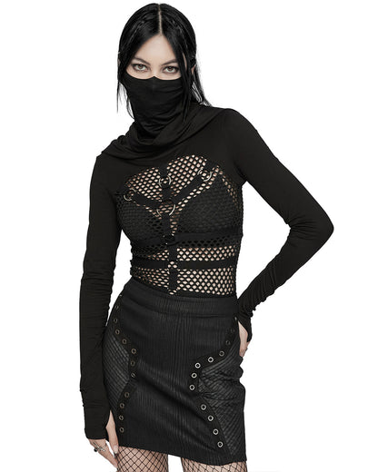 WT-916TCF Womens Fishnet Strapping Hooded Muffler Top