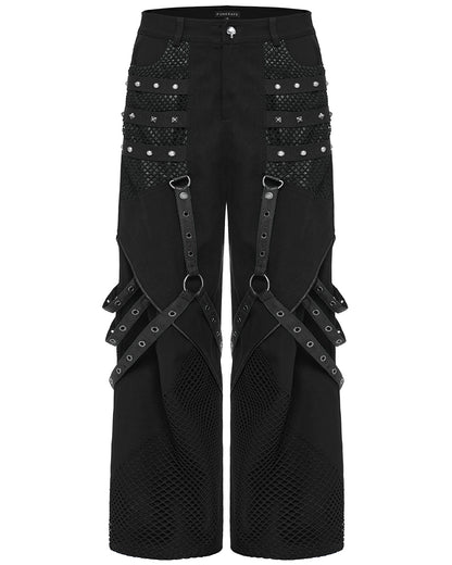 WK-602XCM-BKM Mens Gothic Punk Wide Leg Mesh Panelled Pants
