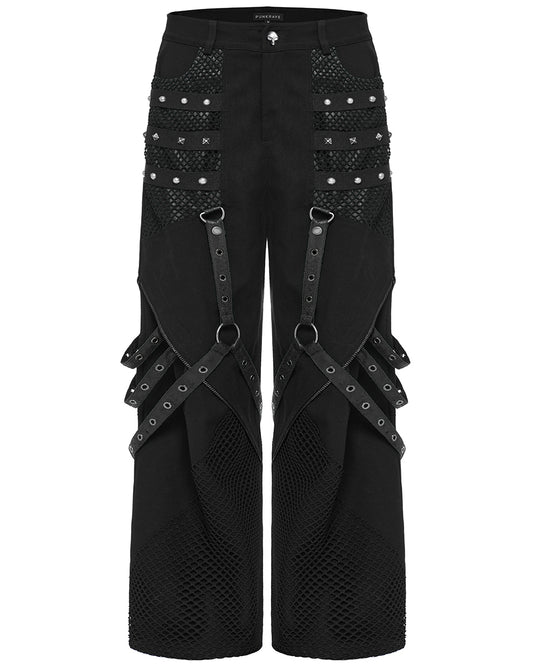 WK-602XCM-BKM Mens Gothic Punk Wide Leg Mesh Panelled Pants - Black