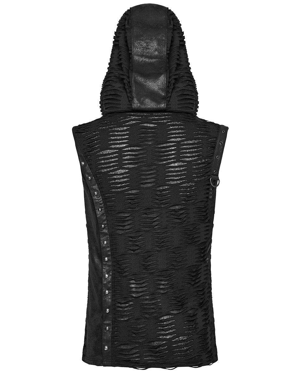 WT-1003BXM-BKM Mens Apocalyptic Gothic Spliced & Shredded Hooded Tank Top Vest