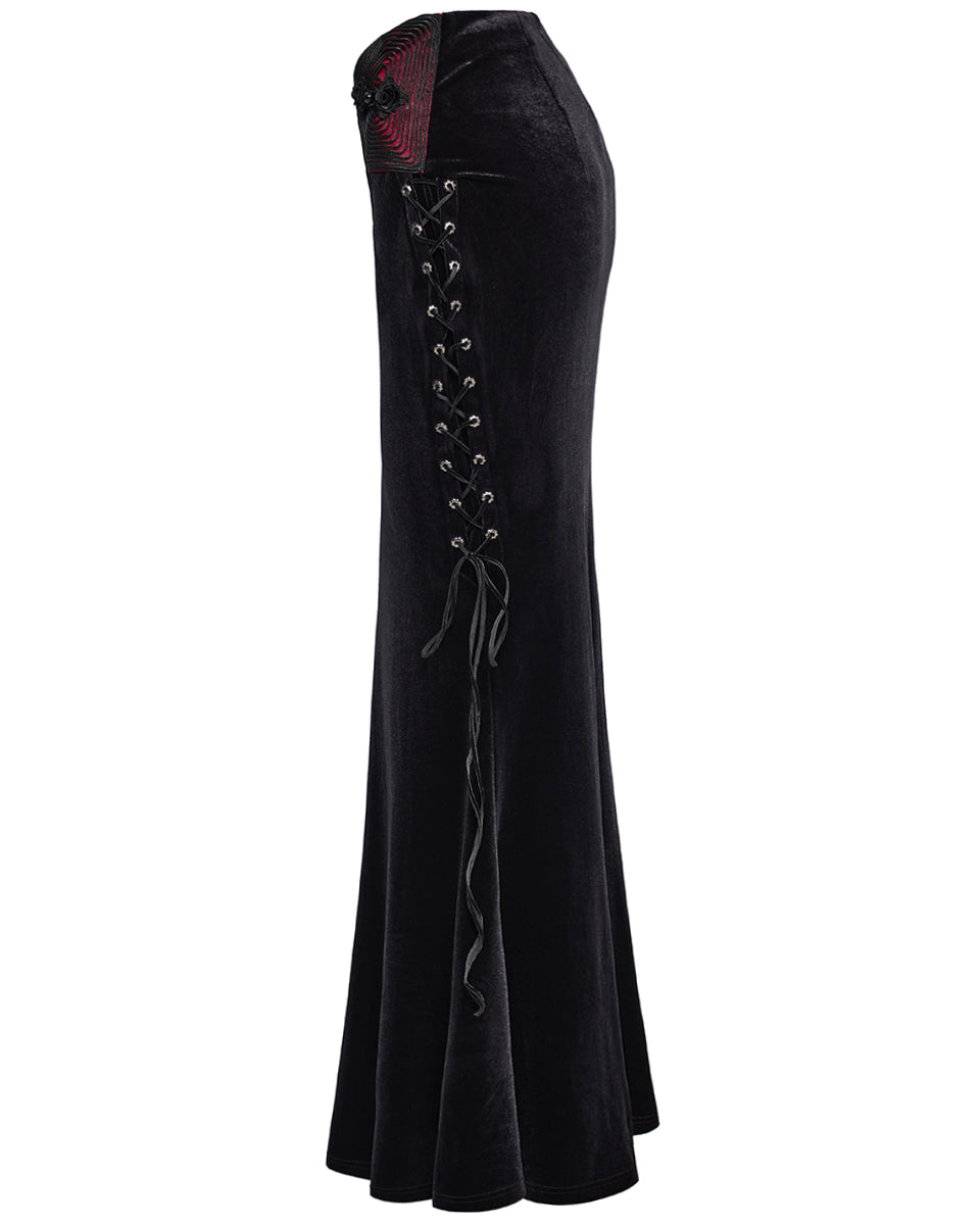 WQ-742BQF Womens Long Gothic Rose Lace Up Velvet Fishtail Skirt - Black & Red