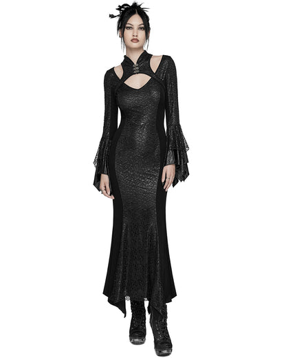 WQ-772LQF Womens Long Gothic Fitted Maxi Dress With Mesh Contrast - Black