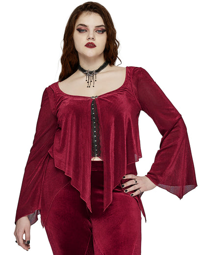 DY-1624XDF Plus Size Womens Gothic Layered Velvet & Mesh Tunic Top - Red