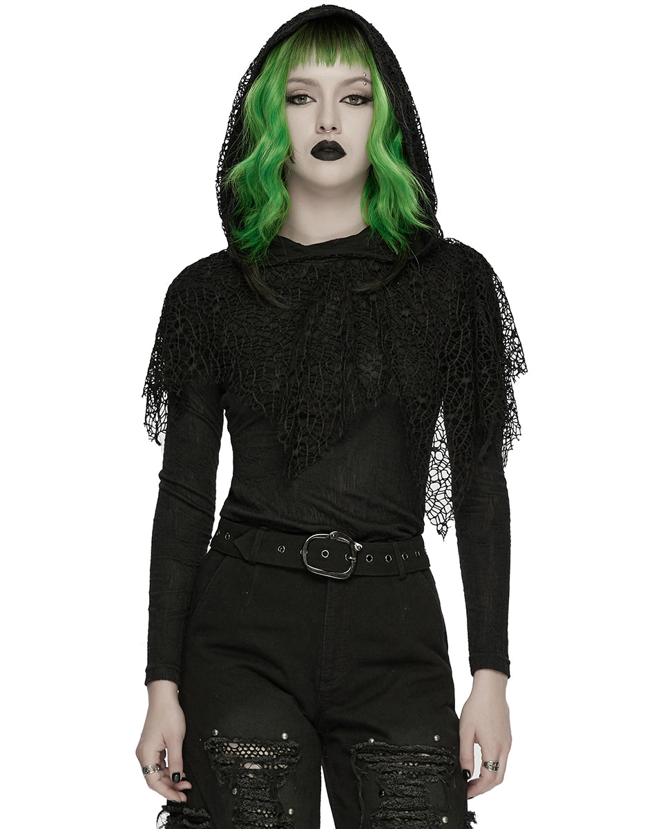 WT-1035TCF Womens Apocalyptic Wasteland Gothic Hooded Mesh Shawl Top
